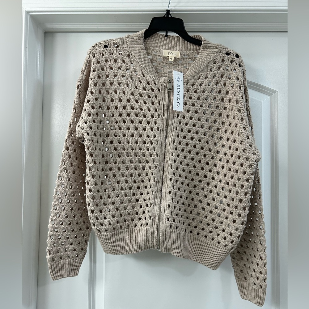 NEW ELAN Aster zip up crochet sweater cardigan in oatmeal XS